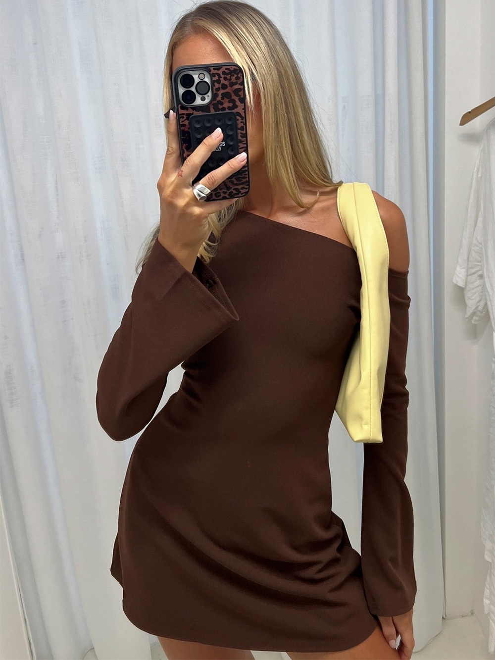 Princess Polly Adrietta Long Sleeve Off Shoulder Mini Dress Brown